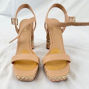 Aldo Block Heel Sandals Tan and Gold